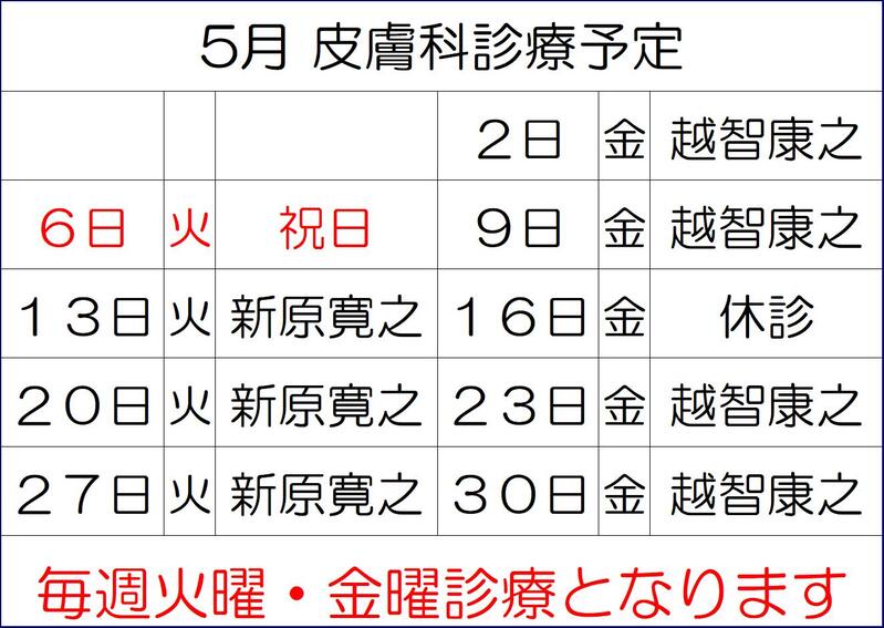5月皮膚科診療予定