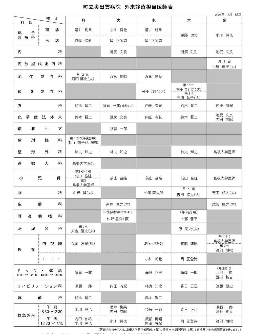 外来診療担当医師表
